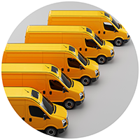 a row of neatly parked
                        vans